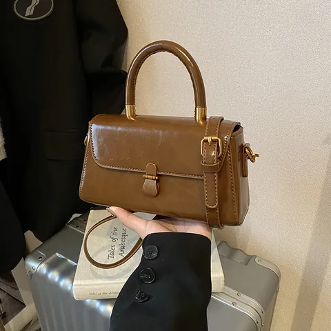 Vintage PU Leather Small Square Handbag For Women Stylish Solid Color Crossbody Bag With Top Handle And Metal Lock Jewelry