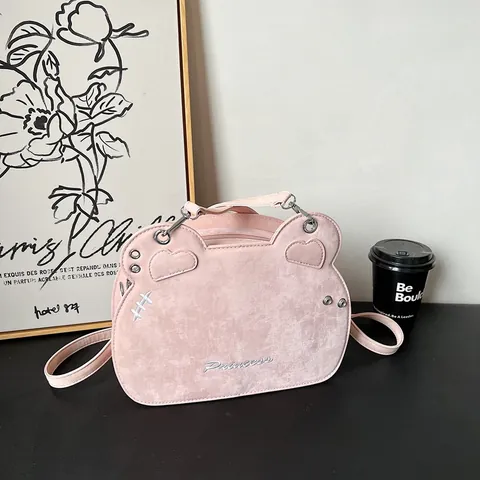 Borsa a Tracolla da Donna a Forma di Orso in Cartone Animato in Pelle PU Opaca Con Ricamo Princess e Rivetti a Cuore