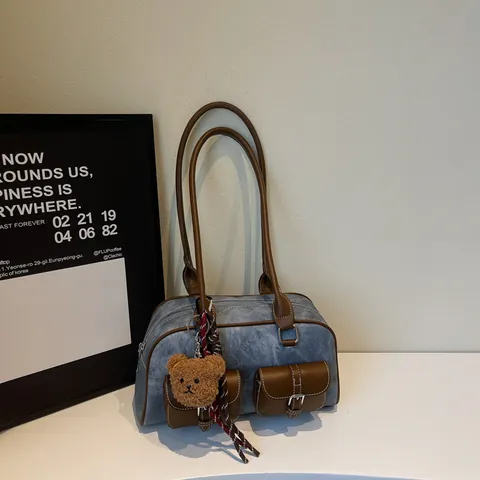 Retro Boston Shoulder Bag For Women Large Capacity PU Leather Denim Contrast Color Tote Bag With Plush Bear Charm