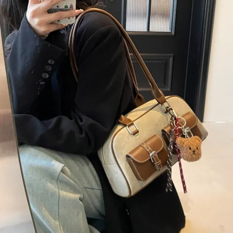 Retro Boston Shoulder Bag For Women Large Capacity PU Leather Denim Contrast Color Tote Bag With Plush Bear Charm