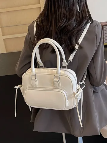 Zaino da Donna in Pelle PU alla Moda Piccola Borsa a Mano Quadrata Versatile Casual a Tracolla Minimalista Lucida a Tinta Unita