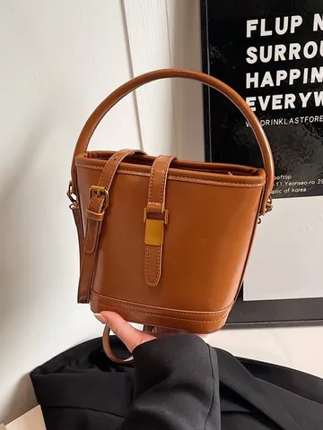 Women Minimalist PU Leather Bucket Bag Vintage Crossbody Shoulder Bag With Metal Buckle For Daily Commuting Fashion Handbag