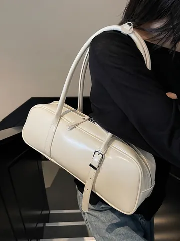Women Minimalist PU Leather Baguette Underarm Bag Adjustable Double Straps Solid Color Large Capacity Daily Shoulder Bag