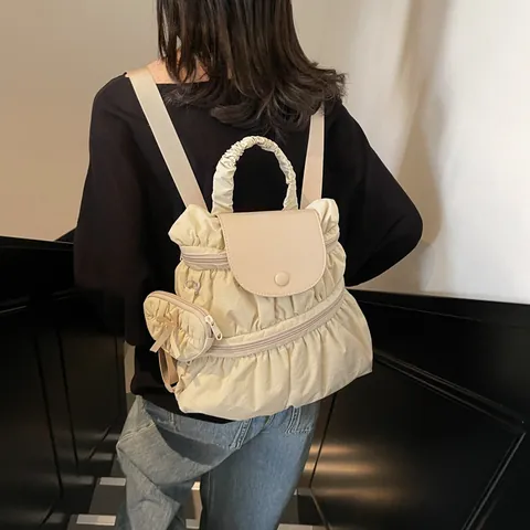 Sac à Dos Femme Plissé Style Coréen Avec Mini Sac Nœud Sac d'École Doux en Nylon Sac de Jour Décontracté pour Filles