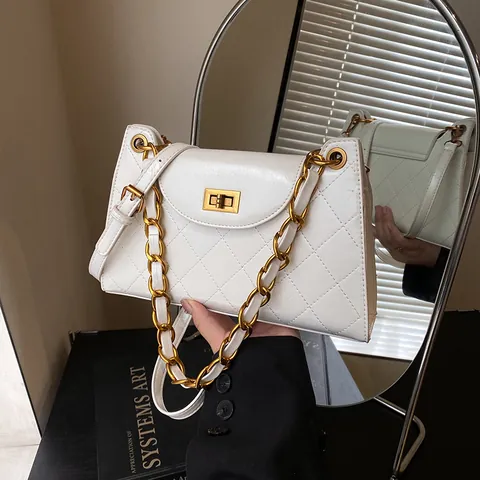 Elegante Gesteppte PU Leder Schultertasche Für Damen Goldene Kette Achseltasche Mit Drehverschluss Mode Alltag Umhängetasche