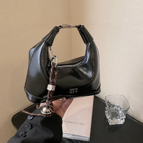 Women's Retro Glossy Patent Leather Hobo Bag Minimalist Solid Color Underarm Shoulder Bag With Bell Braided Rope Charm