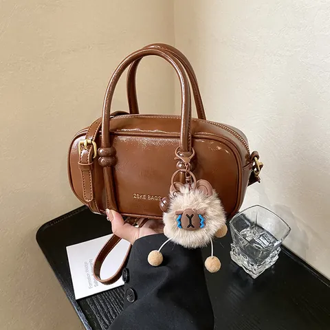 Women Vintage Shiny PU Leather Boston Bag Small Square Top Handle Handbag With Plush Pendant Crossbody Shoulder Bag For Daily Commuting