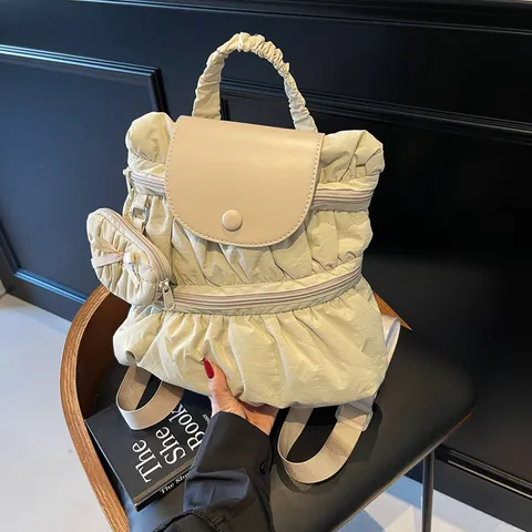 Damen Mode Plissiert Rucksack Koreanischer Stil Große Kapazität Nylon Tasche Mit PU-Leder Klappe Und Passende Münzbörse Für Schule Alltag Reisen