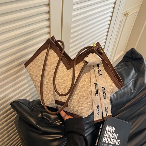 Damen Große Kapazität Stroh Gewebte Tote Bag V-Ausschnitt Design PU Leder Trim Umhängetasche Lässige Sommer Strand Handtasche