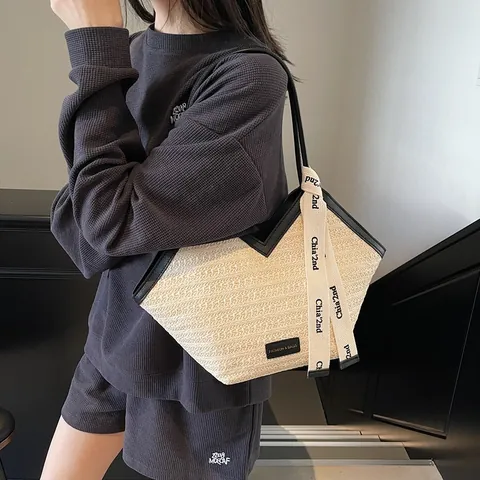 Damen Große Kapazität Stroh Gewebte Tote Bag V-Ausschnitt Design PU Leder Trim Umhängetasche Lässige Sommer Strand Handtasche