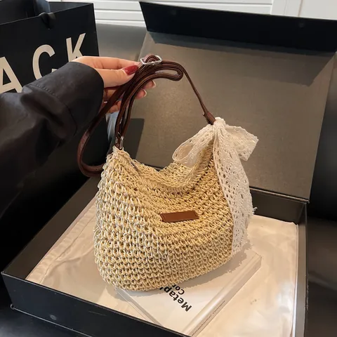 Sac Bandoulière en Paille Tissée pour Femmes Avec Nœud en Dentelle Style Rétro Français Vacances à la Plage Grand Sac