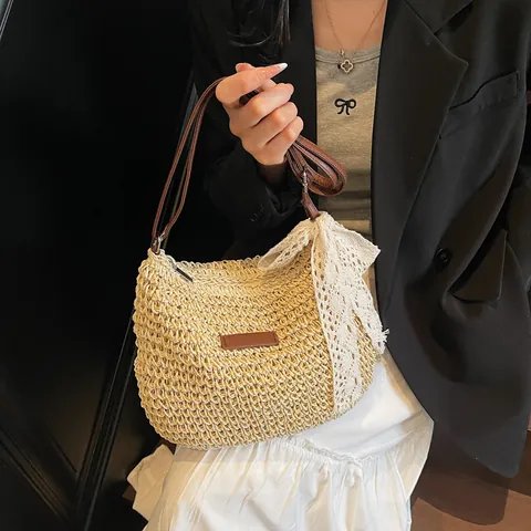 Sac Bandoulière en Paille Tissée pour Femmes Avec Nœud en Dentelle Style Rétro Français Vacances à la Plage Grand Sac