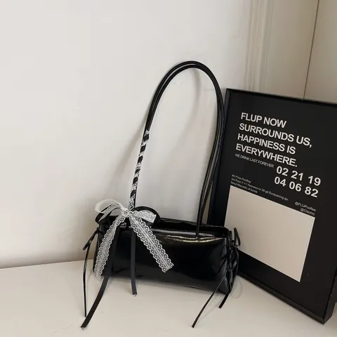 Damen Mode PU Leder Achseltasche Mit Spitze Schleife Dekor Koreanischer Stil Kleine Rechteckige Umhängetasche Süße Alltagshandtasche