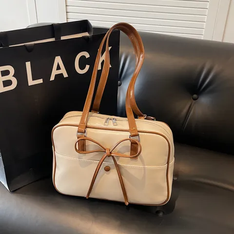 Damen PU Leder Große Kapazität Umhängetasche Schleife Dekoration Vintage College Stil Handtasche Für Tägliches Pendeln Schule