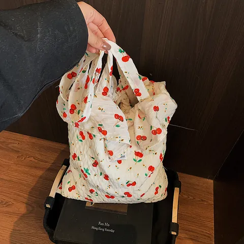 Damen Kirschmuster Chiffon Rüschen Einkaufstasche Große Kapazität Netz Schultertasche Frisch Süß Feen Stil Handtasche Blumen Tasche