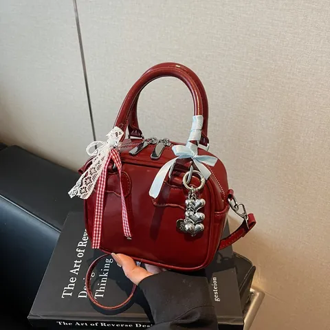 Korean Style Women Bowling Pillow Bag Shiny PU Leather Crossbody Small Square Handbag With Lace Bow Ribbon Heart Bear Pendant Sweet Daily Shoulder Bag