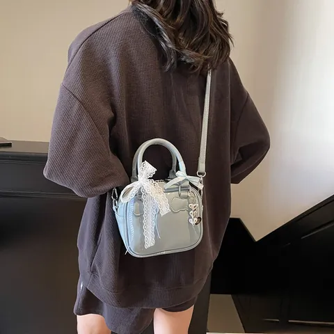 Korean Style Women Bowling Pillow Bag Shiny PU Leather Crossbody Small Square Handbag With Lace Bow Ribbon Heart Bear Pendant Sweet Daily Shoulder Bag