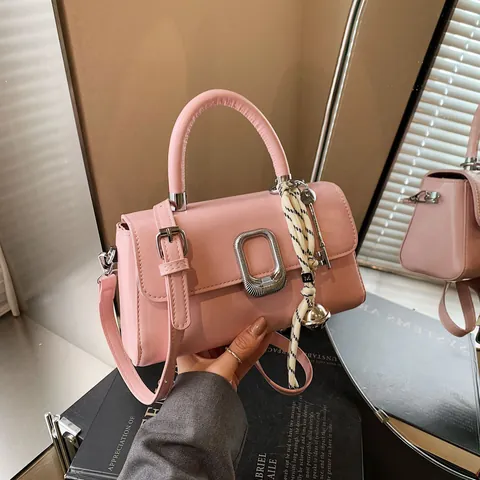 Women Minimalist PU Leather Crossbody Bag Fashion Small Square Handbag With Metal Buckle And Braided Rope Charm Casual Daily Top Handle Bag