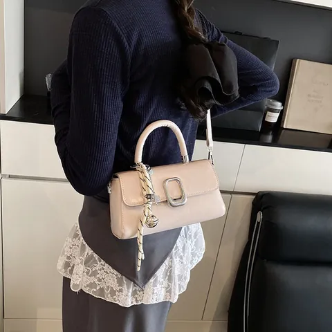 Women Minimalist PU Leather Crossbody Bag Fashion Small Square Handbag With Metal Buckle And Braided Rope Charm Casual Daily Top Handle Bag