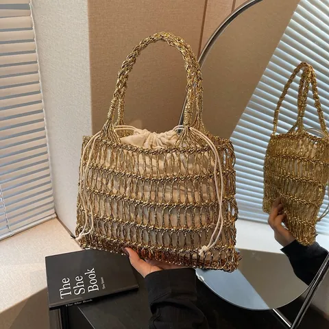 Bolso Tote Tejido Metálico para Mujer Hilo de Oro Plata Calado Bolso de Playa Con Bolsa Interior de Cordón Verano Vacaciones