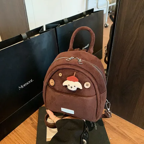 Women's Cute Cartoon Dog Corduroy Mini Backpack Fashion Small Rucksack With Wood Buttons Adjustable Casual Travel Daypack Ladies