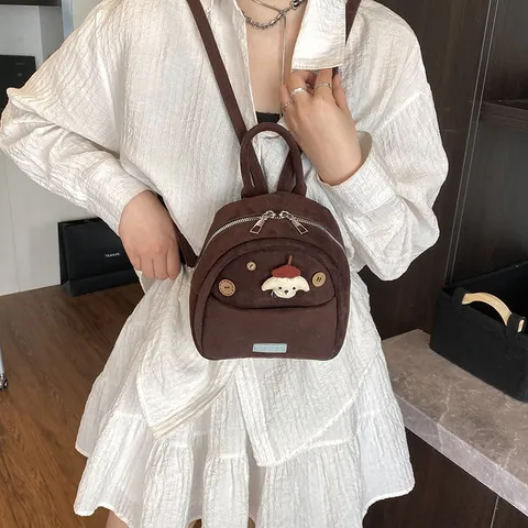 Women's Cute Cartoon Dog Corduroy Mini Backpack Fashion Small Rucksack With Wood Buttons Adjustable Casual Travel Daypack Ladies