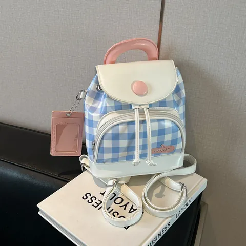 Mini Mochila Gingham para Mujer de Cuero PU Patchwork Color de Contraste Estilo Preppy Mochila Pequeña Con Porta Tarjetas ID