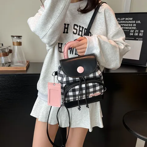Mini Mochila Gingham para Mujer de Cuero PU Patchwork Color de Contraste Estilo Preppy Mochila Pequeña Con Porta Tarjetas ID
