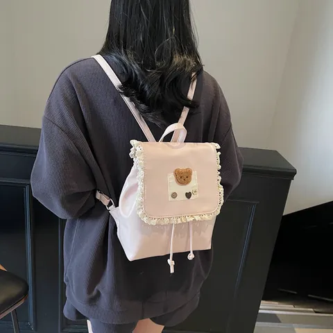 Süßer Mädchenhafter Mini Rucksack Kawaii PU Leder Spitze Bären-Patch Kordelzug Umhängetasche Kleiner Schulrucksack Für Teenager Frauen
