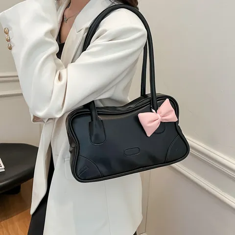 Bolso Tote de Cuero PU de Moda para Mujer Bolso de Hombro de Gran Capacidad con Lazo Rosa Estilo Y2K Bolso Diario