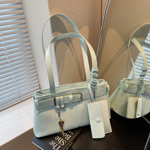 Women Fashion PU Leather Underarm Bag Motorcycle Style Square Shoulder Bag With Detachable Mini Pouch And Key Pendant