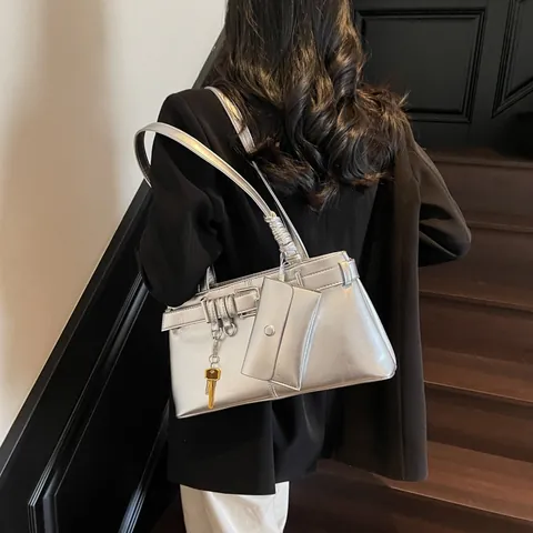 Women Fashion PU Leather Underarm Bag Motorcycle Style Square Shoulder Bag With Detachable Mini Pouch And Key Pendant