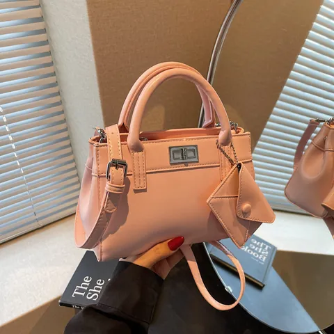 Women PU Leather Handbag With Metal Turn Lock And Mini Pouch Pendant Fashion Shoulder Crossbody Bag For Commuting Lady