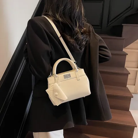 Women PU Leather Handbag With Metal Turn Lock And Mini Pouch Pendant Fashion Shoulder Crossbody Bag For Commuting Lady