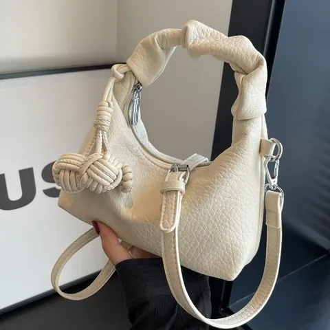 Women Ruched Handle Dumpling Bag Faux Leather Litchi Texture Crossbody Bag With Woven Ball Pendant Versatile Shoulder Handbag
