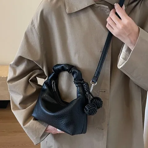 Women Ruched Handle Dumpling Bag Faux Leather Litchi Texture Crossbody Bag With Woven Ball Pendant Versatile Shoulder Handbag