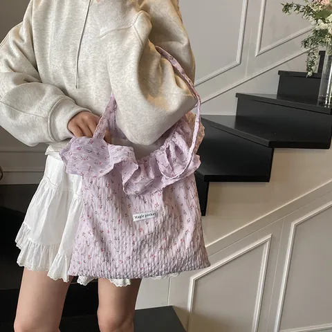 Women's Korean Floral Canvas Tote Bag Large Capacity Ruffle Pleated Shoulder Bag Sweet Seersucker Handbag Casual Beach Bag