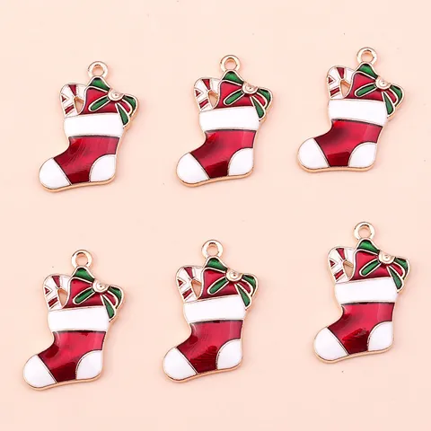 Christmas Stocking Enamel Charms Alloy Pendants With Candy Cane Bow For DIY Jewelry Making Festival Decor Pendant Only