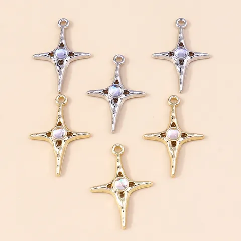 Vintage Alloy Cross Star Pendants With Moonstone Effect Inlaid Gemstone Gold Silver Hammered Texture Charms For DIY Jewelry Making Pendants