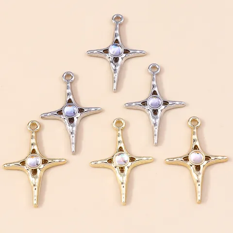 Vintage Alloy Cross Star Pendants With Moonstone Effect Inlaid Gemstone Gold Silver Hammered Texture Charms For DIY Jewelry Making Pendants