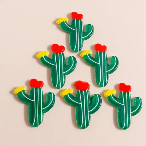 Breloques en Résine de Cactus de Dessin Animé pour Coque de Téléphone DIY Accessoires de Plantes Vertes Artisanales Avec Coeur Rouge Décoration Florale Jaune