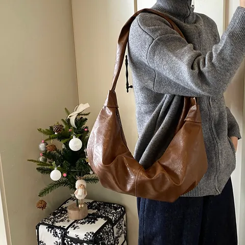 Large Capacity Vintage Soft PU Leather Pleated Hobo Bag For Women Casual Lazy Style Knotted Shoulder Crossbody Bag