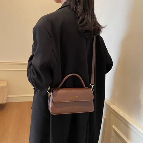 Vintage PU Leather Small Square Bag For Women Fashion Flap Shoulder Crossbody Bag With Top Handle Commuting Handbag Solid Color