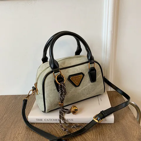 Borsa Boston Vintage in Pelle PU per Donna Borsa a Mano Retro Bowling Borsa a Tracolla Con Ciondolo a Campanella