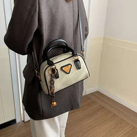Borsa Boston Vintage in Pelle PU per Donna Borsa a Mano Retro Bowling Borsa a Tracolla Con Ciondolo a Campanella