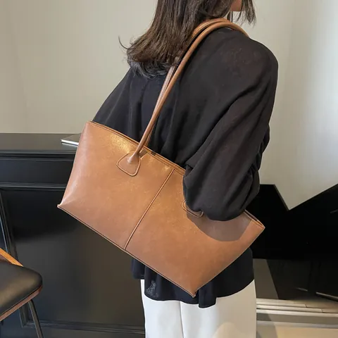 Bolso Tote de Cuero PU de Gran Capacidad para Mujer Bolso de Hombro Minimalista Color Sólido Viaje Diario Moda Bolso Grande de Axila