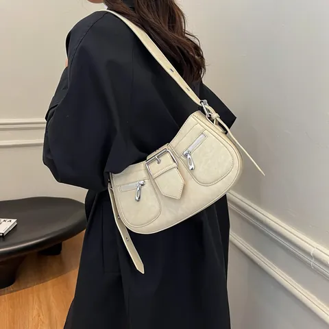 Vintage Matte PU Leder Unterarmtasche Für Damen Mit Großer Metallschnalle Dekoration Reißverschlusstaschen Verstellbare Umhängetasche