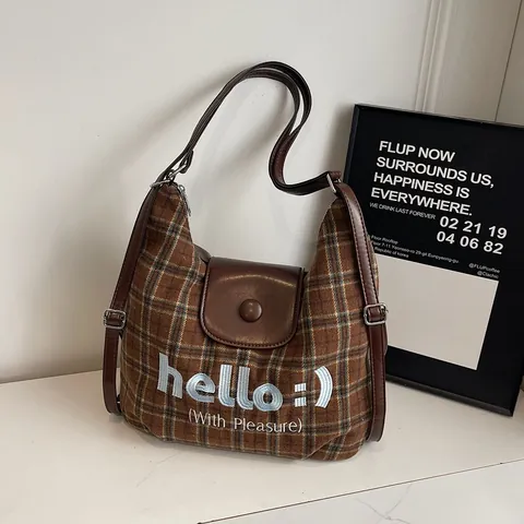 Bolso Tote de Lana a Cuadros Marrón Retro Gran Capacidad Bolso de Hombro para Mujer Con Bordado Hello Bolso de Mano Moda Casual