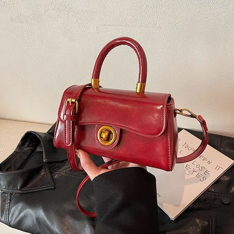 Vintage PU Leder Kleine quadratische Tasche Für Damen Gold Drehverschluss Handtasche Mit Schultergurt Retro Umhängetasche