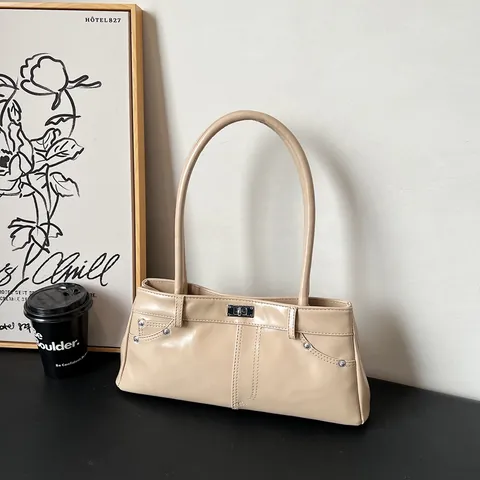Vintage Glossy PU Leather Underarm Bag For Women Rivet Metal Buckle Shoulder Bag Minimalist Solid Color Fashion Handbag